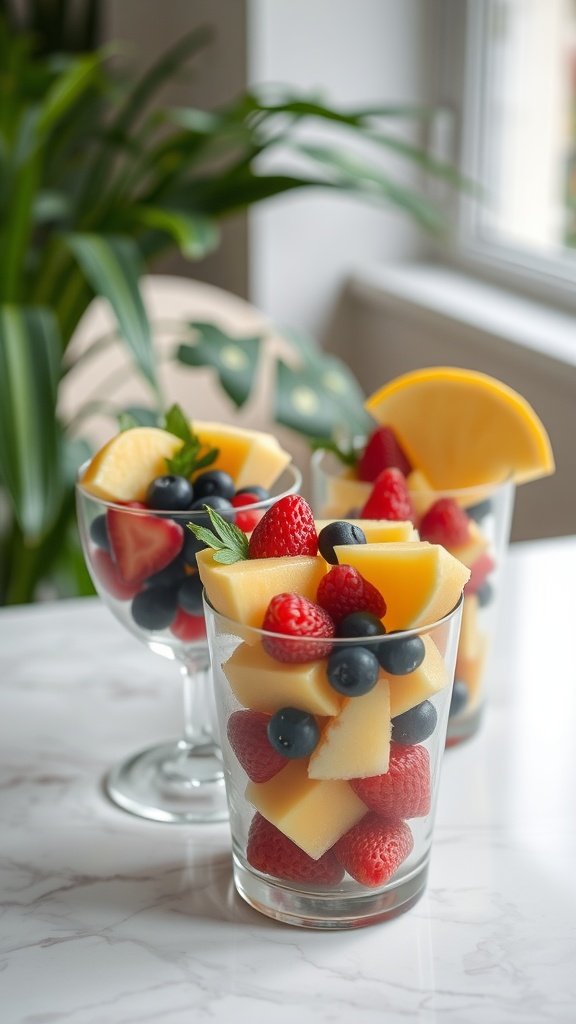 Colorful fruit cups filled with strawberries, blueberries, and melon.