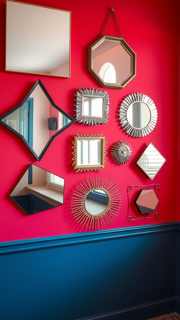 A collection of creatively shaped mirrors on a vibrant red wall.