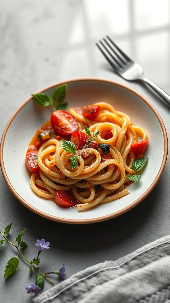 A bowl of pasta fagioli garnished with fresh herbs, showcasing a comforting Italian dish.