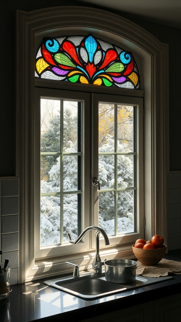 A kitchen window featuring a colorful stained glass accent with a snowy landscape outside.
