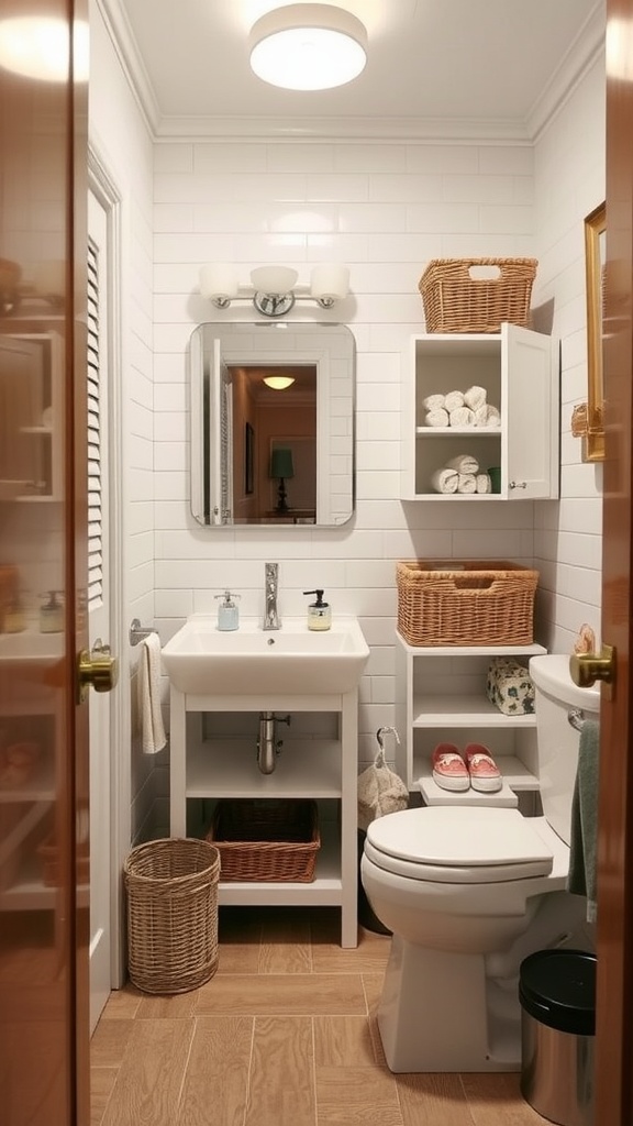 A small bathroom featuring creative storage solutions including shelves and baskets.
