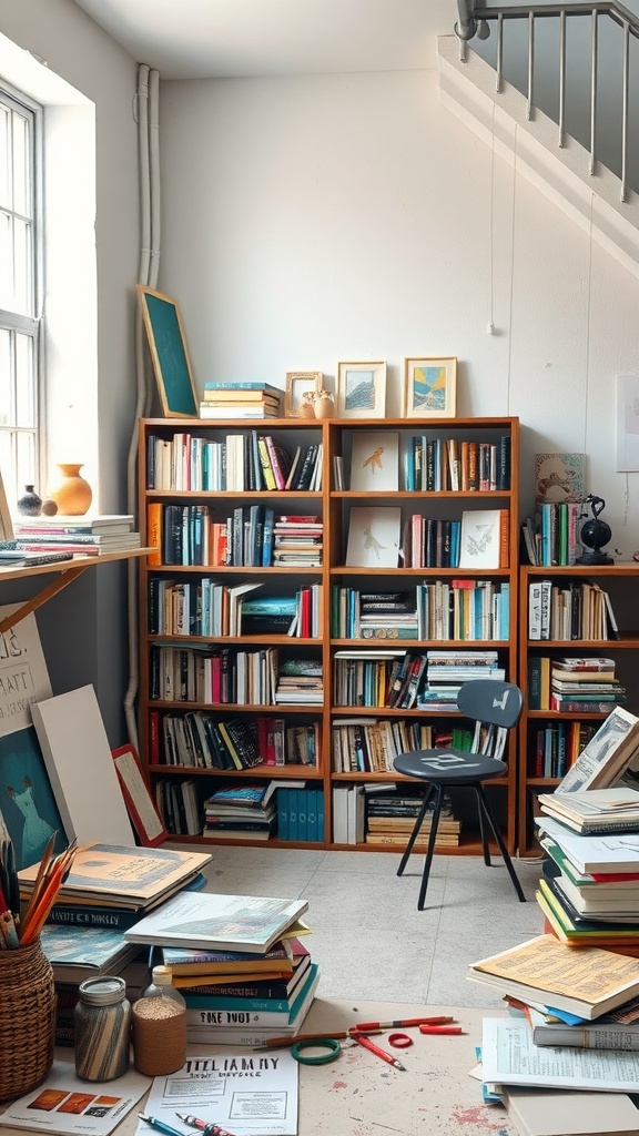 A cozy studio library filled with books, art supplies, and a comfortable chair.