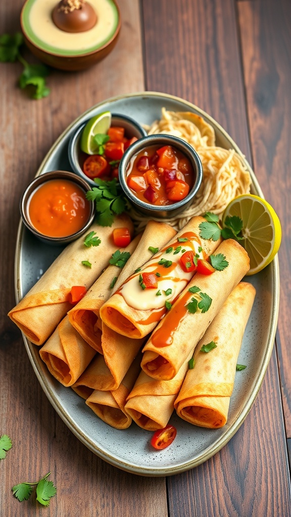 Deliciously arranged chicken taquitos served with various dips and garnishes.
