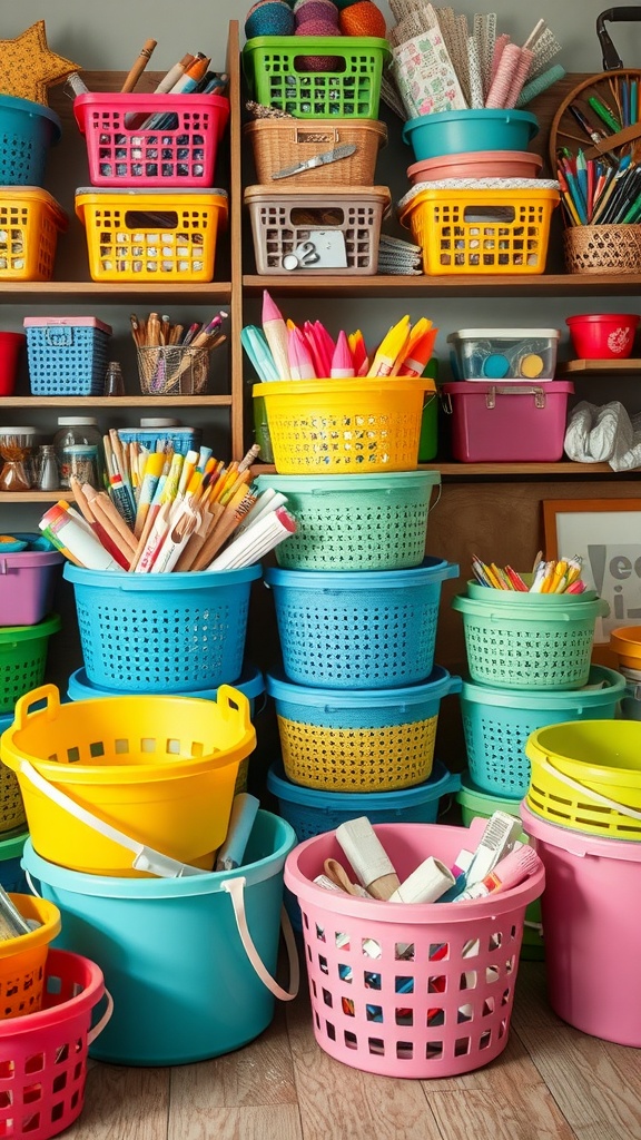 A colorful array of baskets and buckets filled with various craft supplies.