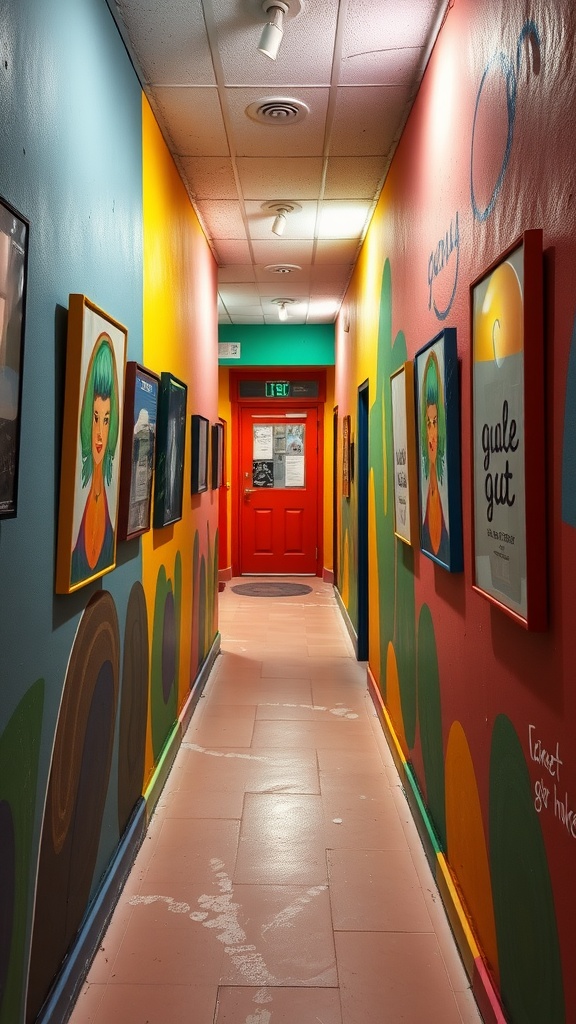 A colorful small hallway with vibrant walls and framed artwork.