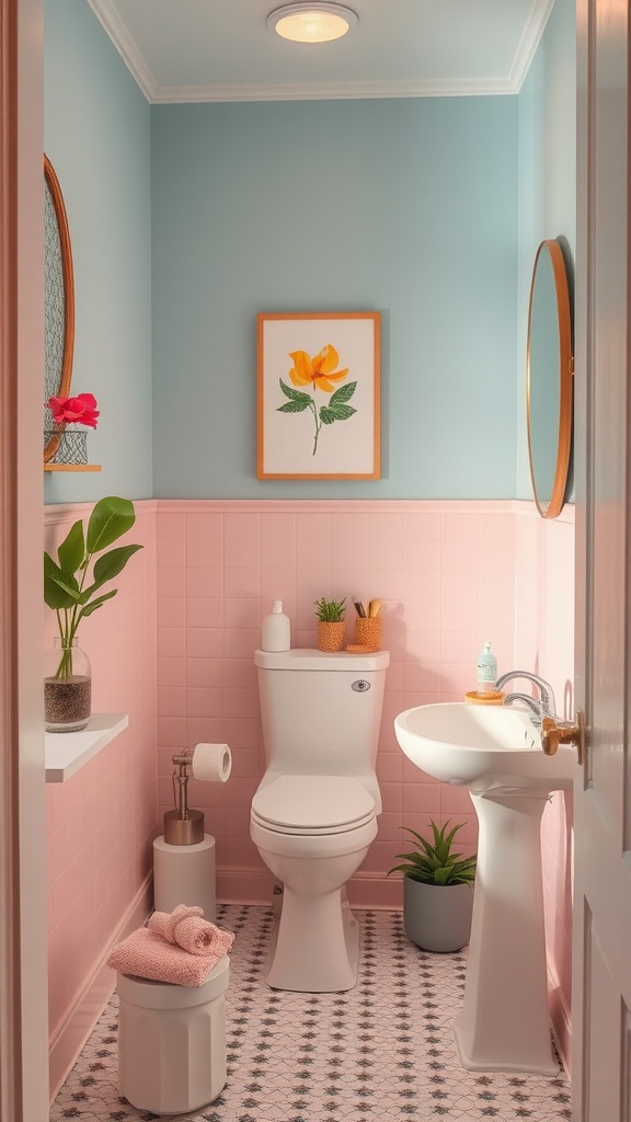 A small bathroom featuring pastel blue and pink walls with decorative plants and art.