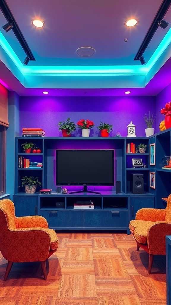 A colorful entertainment center with blue shelves, orange chairs, and plants.