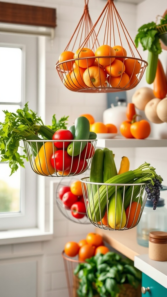 Colorful hanging baskets filled with fruits and vegetables in a bright kitchen.