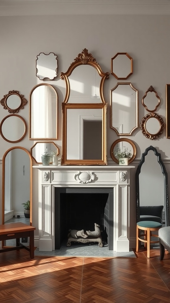 A stylish arrangement of various mirrors above a white fireplace, creating a reflective and spacious ambiance.