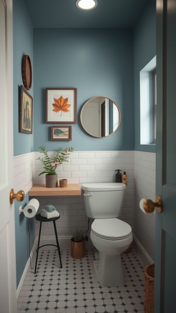 A stylish half bathroom featuring blue walls, framed wall art, a circular mirror, and a small wooden shelf.