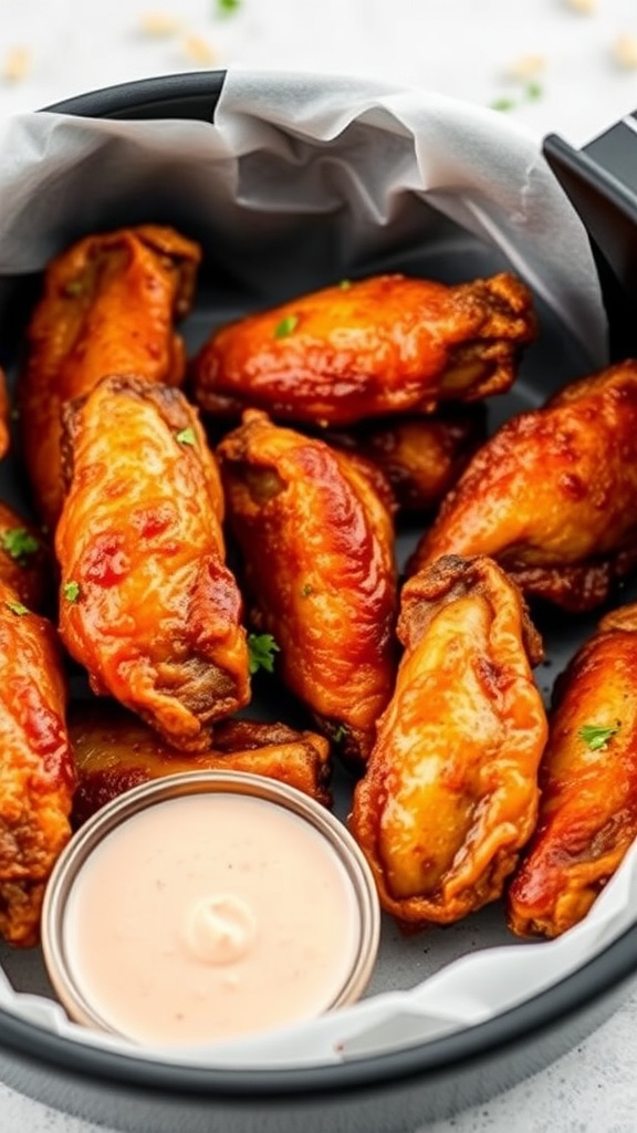 Crispy chicken wings served with dipping sauce in an air fryer basket.