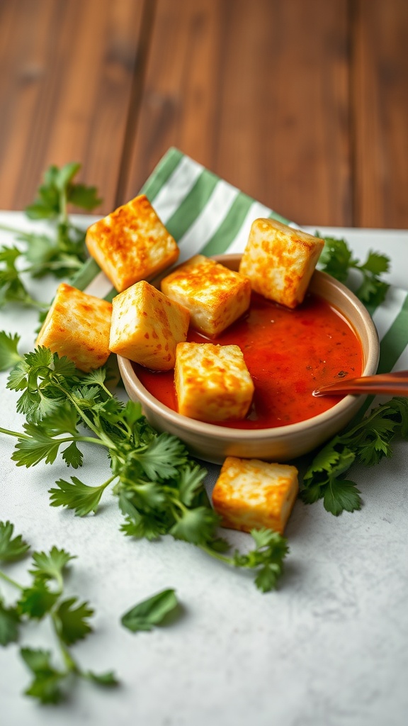 Crispy air fryer tofu bites served with a dipping sauce.
