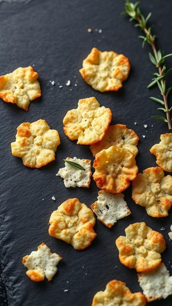 A plate of crispy cheese crisps with herbs scattered around.