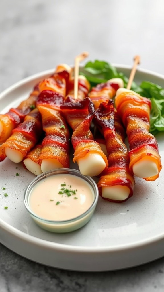 Bacon-wrapped cheese sticks served with a dipping sauce
