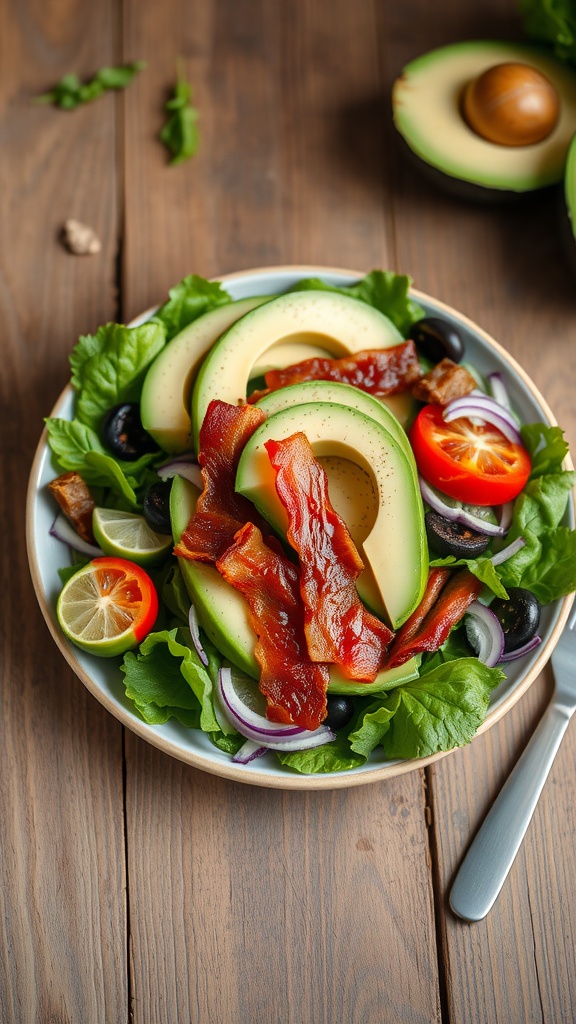 A delicious salad featuring crispy bacon and fresh avocado, garnished with tomatoes and olives.