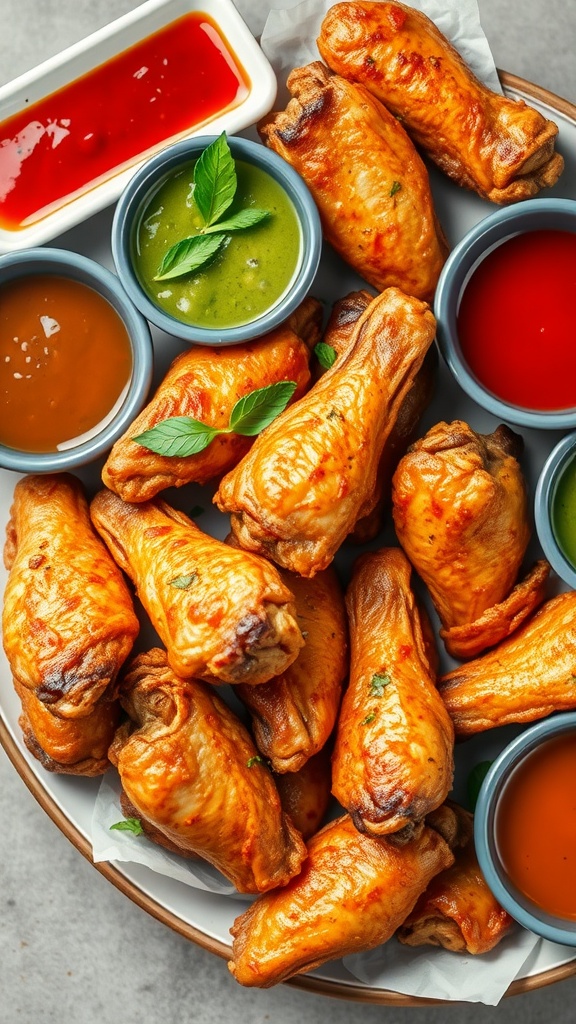 A platter of crispy baked chicken wings served with various dipping sauces.