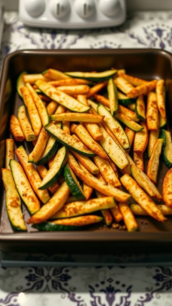 A golden tray of crispy baked zucchini strips, seasoned and ready to eat.