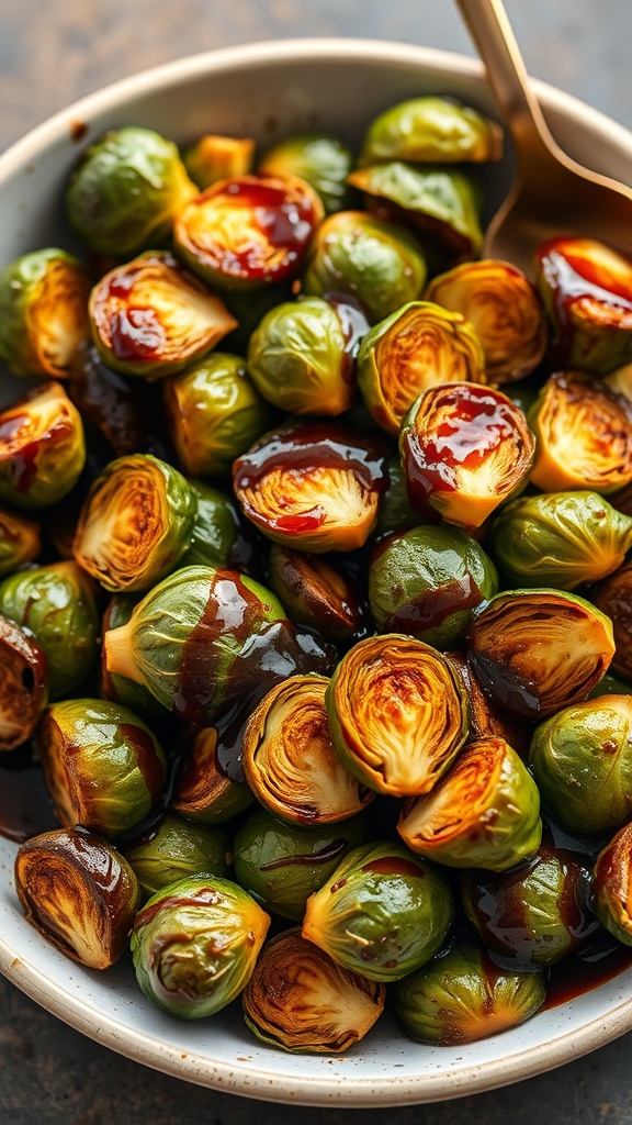 A bowl of crispy Brussels sprouts drizzled with balsamic glaze.