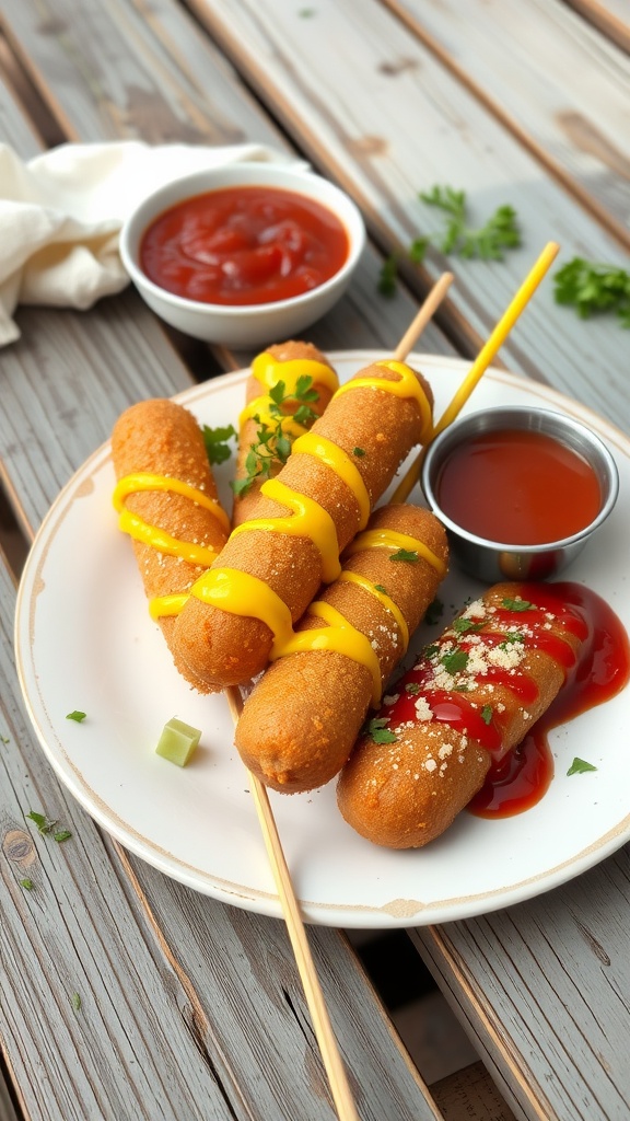 A plate of crispy corn dogs drizzled with mustard and ketchup, served with dipping sauces.