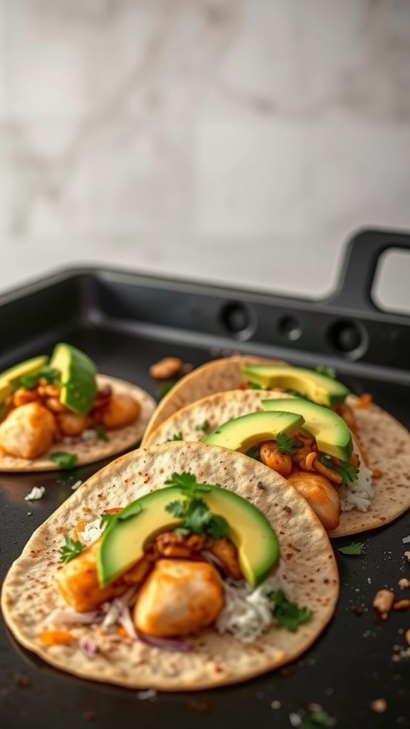 Crispy fish tacos with avocado and toppings