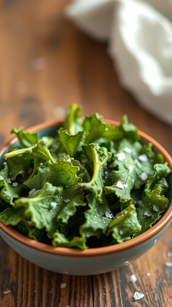 A bowl of crispy kale chips sprinkled with sea salt.