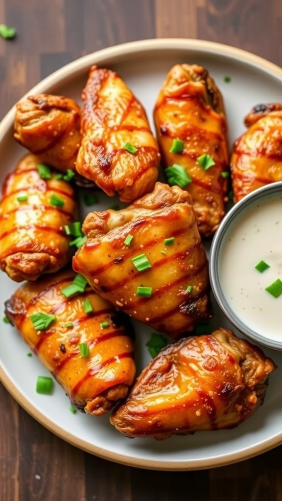 Crispy cooked chicken wings garnished with green onions and served with a dipping sauce.