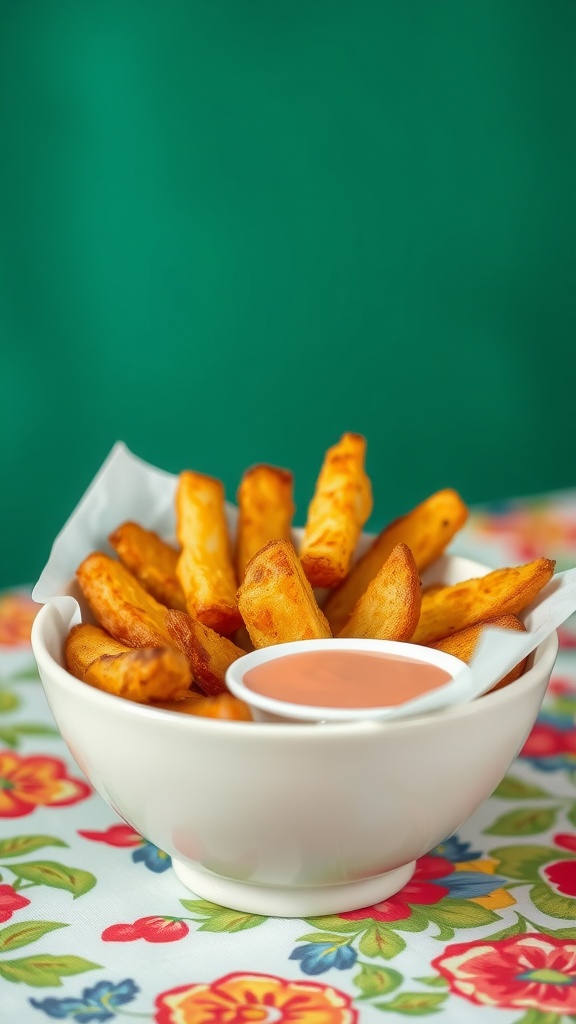 Bowl of crispy mini potato wedges with dipping sauce