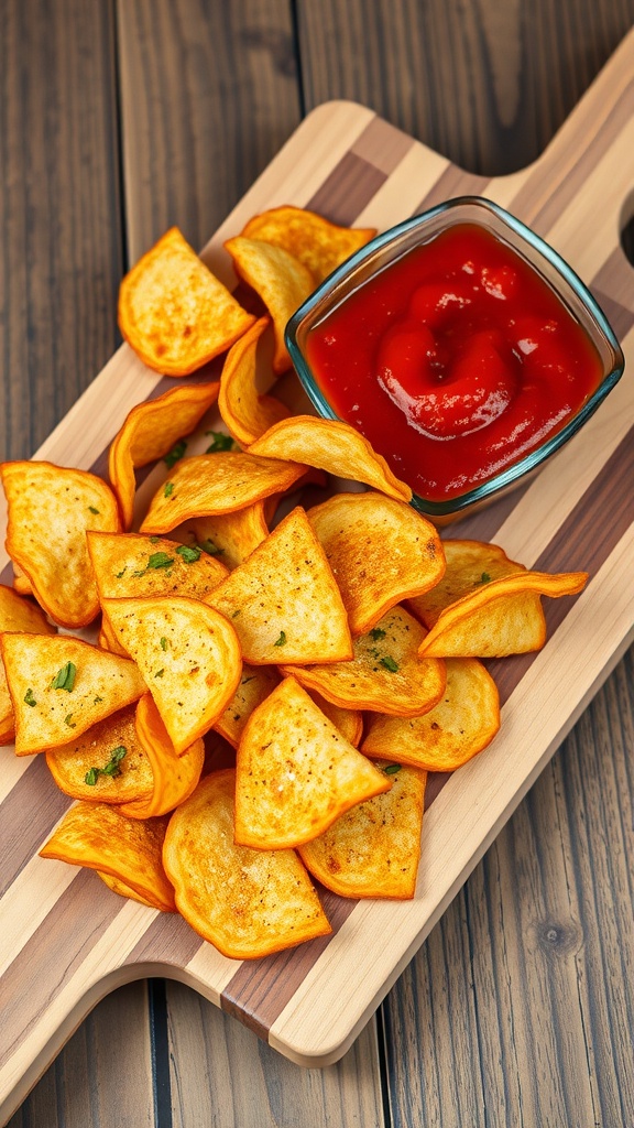 A wooden serving platter with crispy Parmesan chips and a bowl of ketchup.