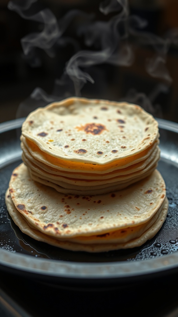 A stack of warm tortillas ready for making chicken taquitos.