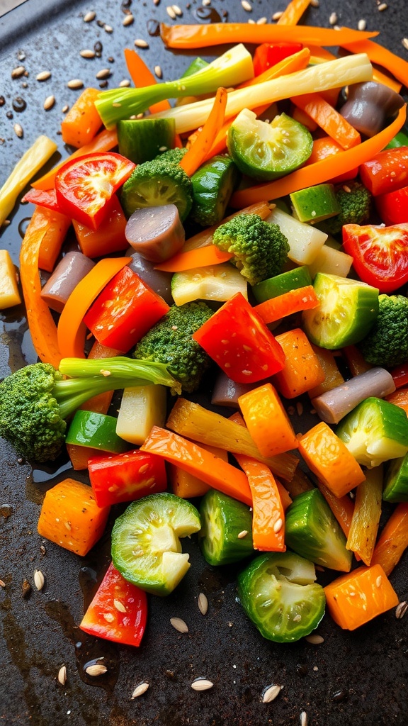 A colorful assortment of chopped vegetables stir-frying on a griddle.