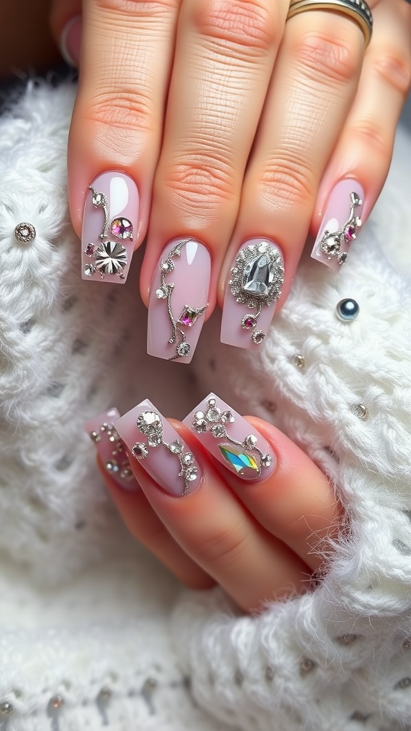 A close-up of crystal embellished square nails with various gems and designs.