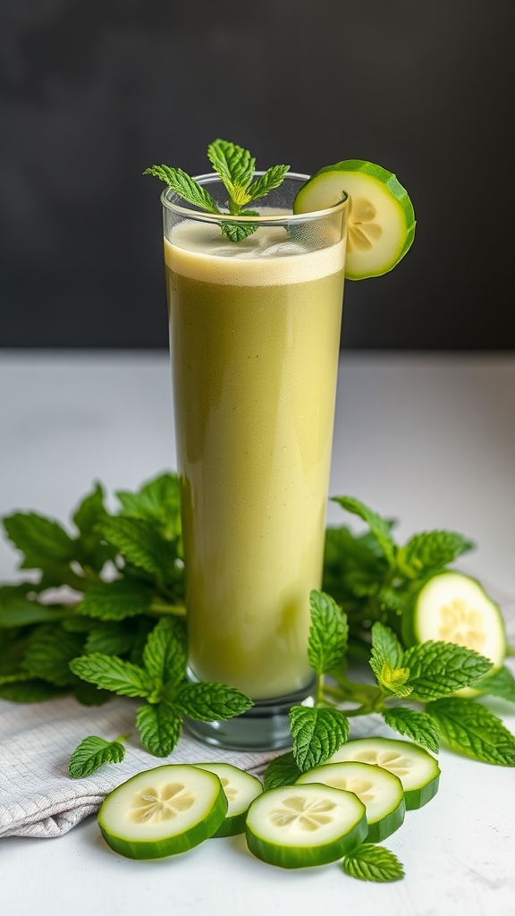A refreshing cucumber and mint smoothie garnished with mint leaves and cucumber slices.