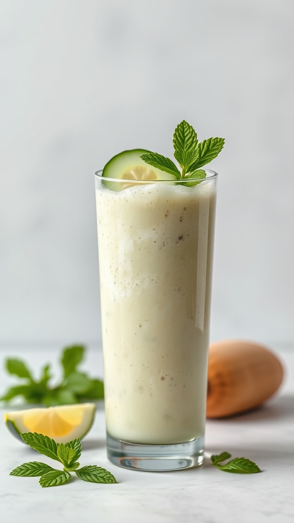 Refreshing cucumber and mint smoothie in a glass.