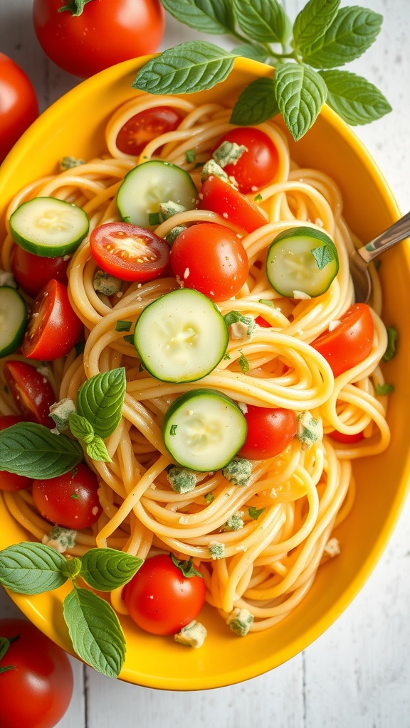 Cucumber and tomato pasta salad with fresh herbs in a yellow bowl