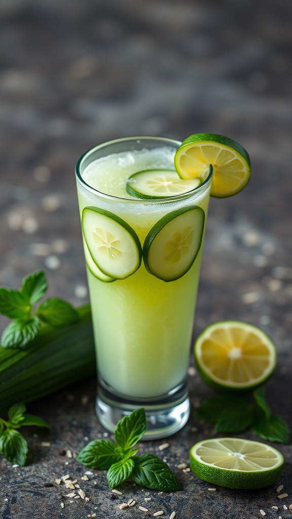 A refreshing cucumber lime smoothie with slices of cucumber and lime on top.