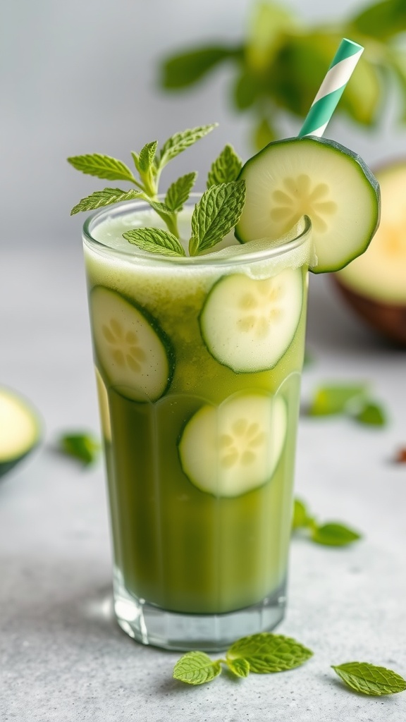 A refreshing Cucumber Mint Detox Shake garnished with cucumber slices and mint leaves.