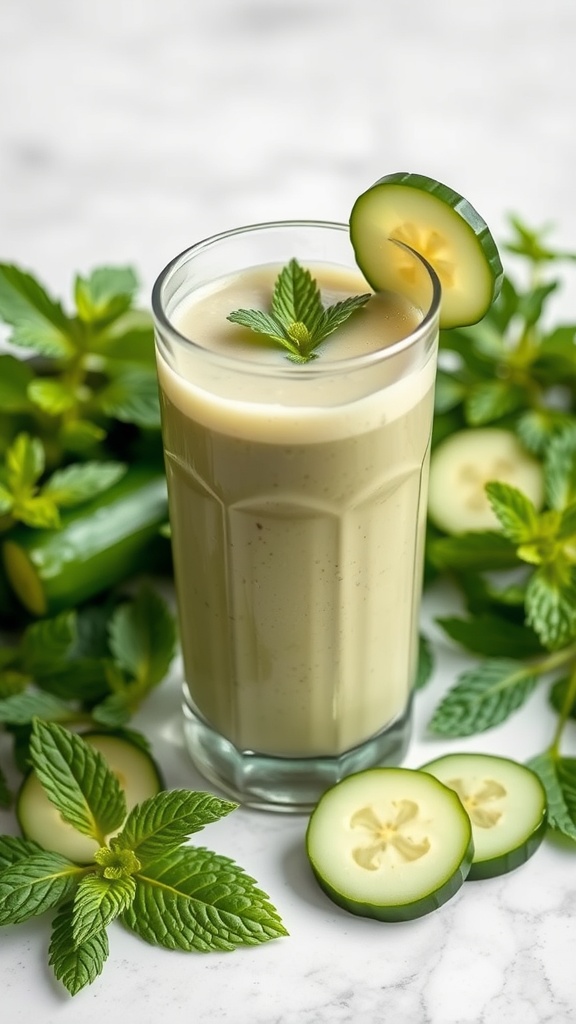 Cucumber Mint Detox Smoothie in a glass with cucumber slices and mint leaves around it.
