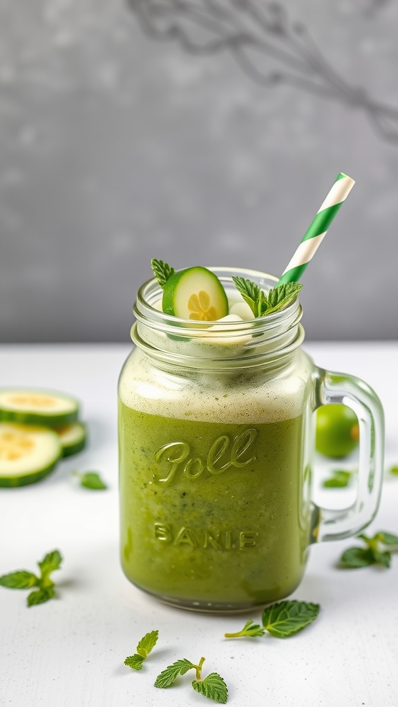 A refreshing cucumber mint kale smoothie in a glass jar with a striped straw.