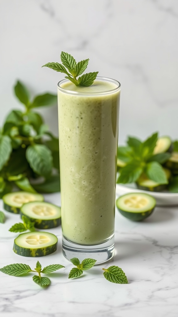 A refreshing cucumber mint smoothie in a tall glass with mint leaves and cucumber slices around it.