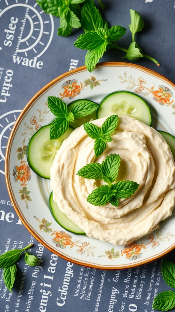 Cucumber rounds with hummus and mint on a decorative plate