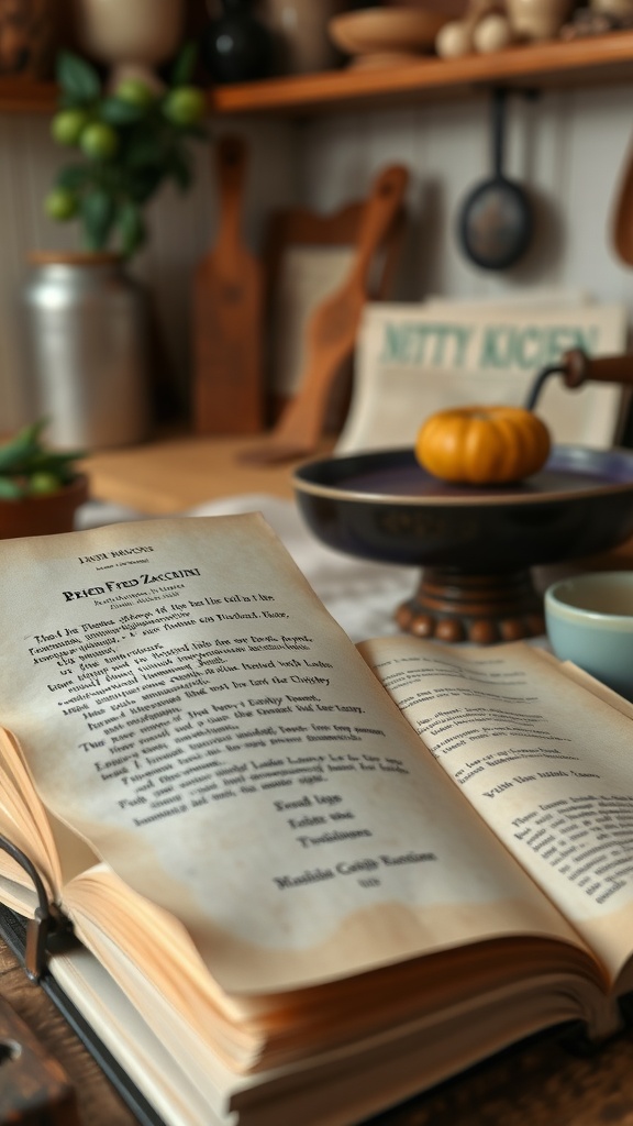 An open recipe book featuring a classic fried zucchini recipe, surrounded by kitchen utensils and ingredients.