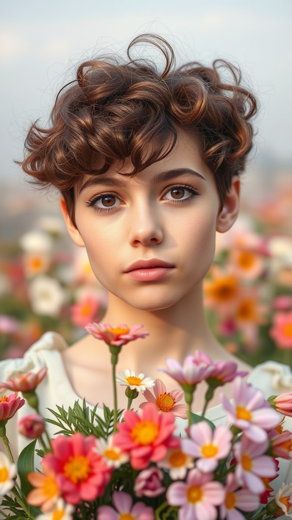 A person with curly short hair and bangs, surrounded by colorful flowers.