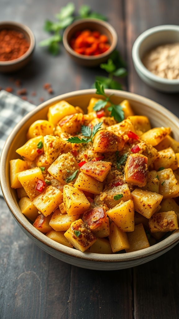 Curried scalloped potatoes with a blend of spices and creamy texture.