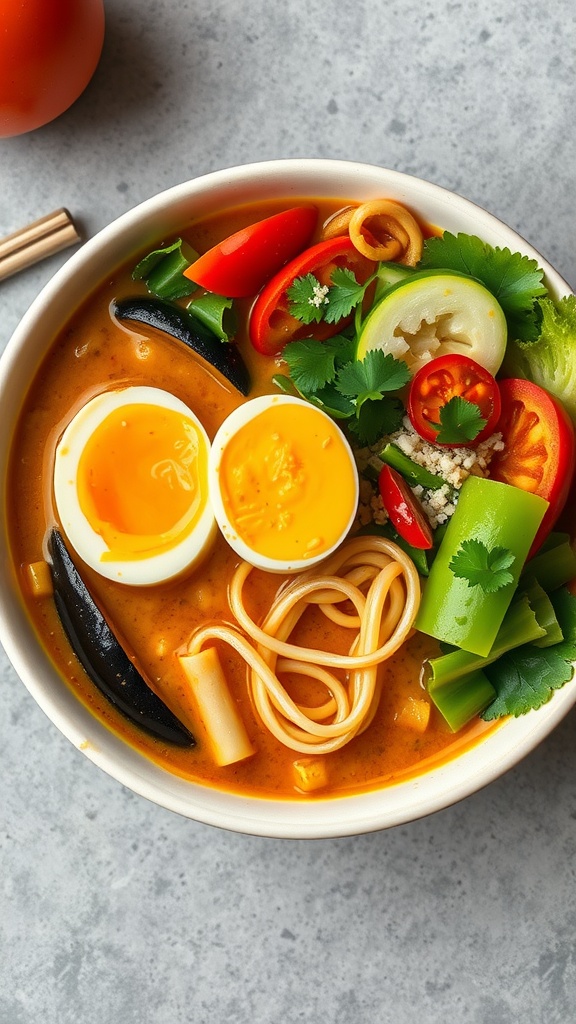 A bowl of curry ramen with soft-boiled eggs, vegetables, and cilantro on top.