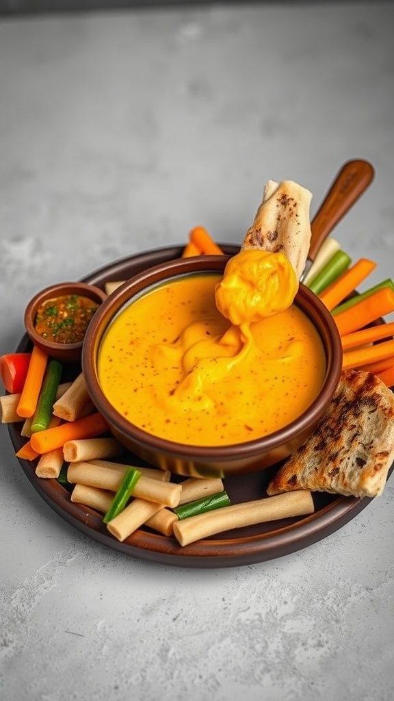 A bowl of curry spiced cheese fondue surrounded by colorful vegetables and bread.