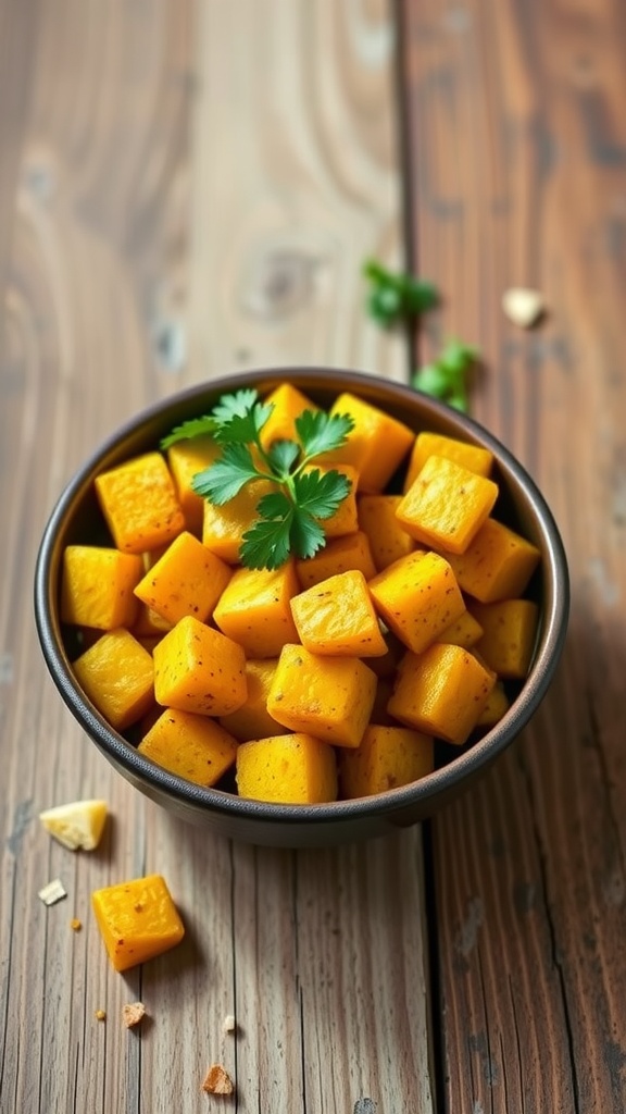 Bowl of yellow curry spiced mini potatoes garnished with cilantro