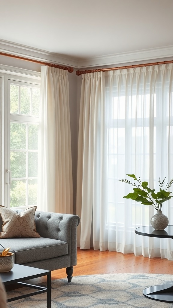 A bright living room featuring sheer white curtains on wooden curtain rods with decorative finials.