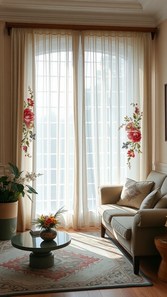 Living room with floral embroidered curtains letting in natural light
