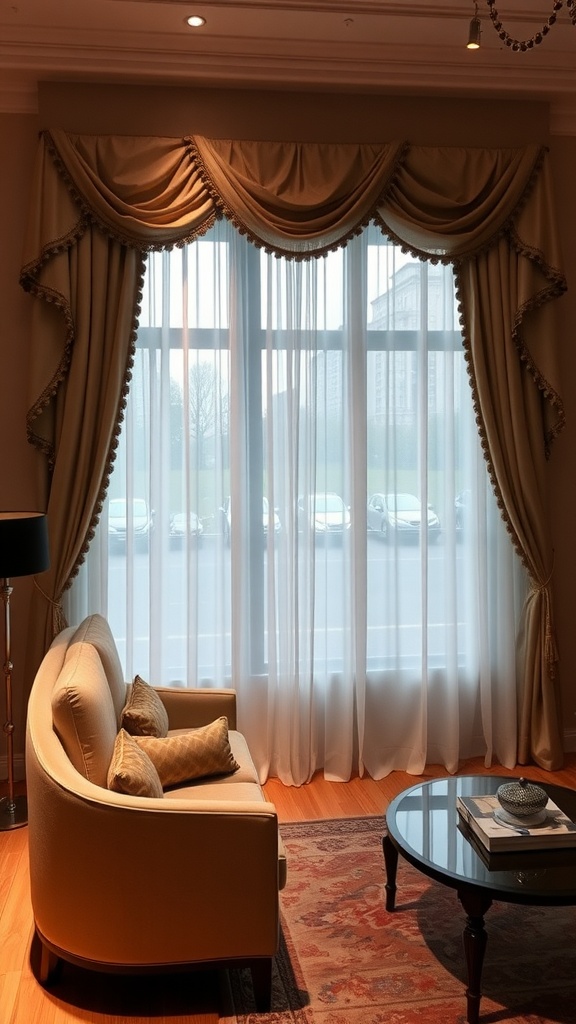Elegant living room with curtains featuring decorative trim