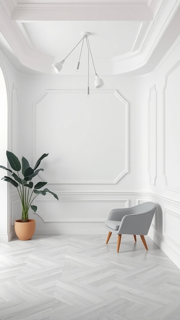 A modern room showcasing curved moulding with a cozy chair and a plant in a pot.